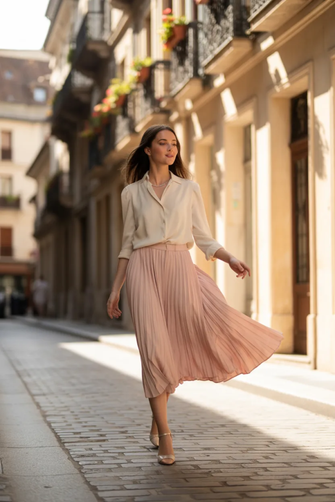 Silk Blouse with Midi Skirt
