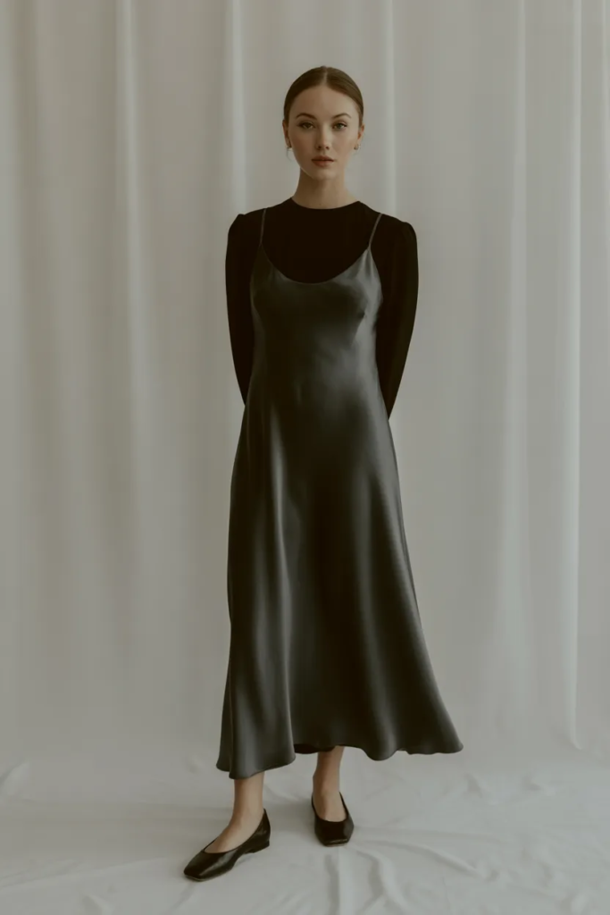 Black Slip Dress with Classic Ballet Flats