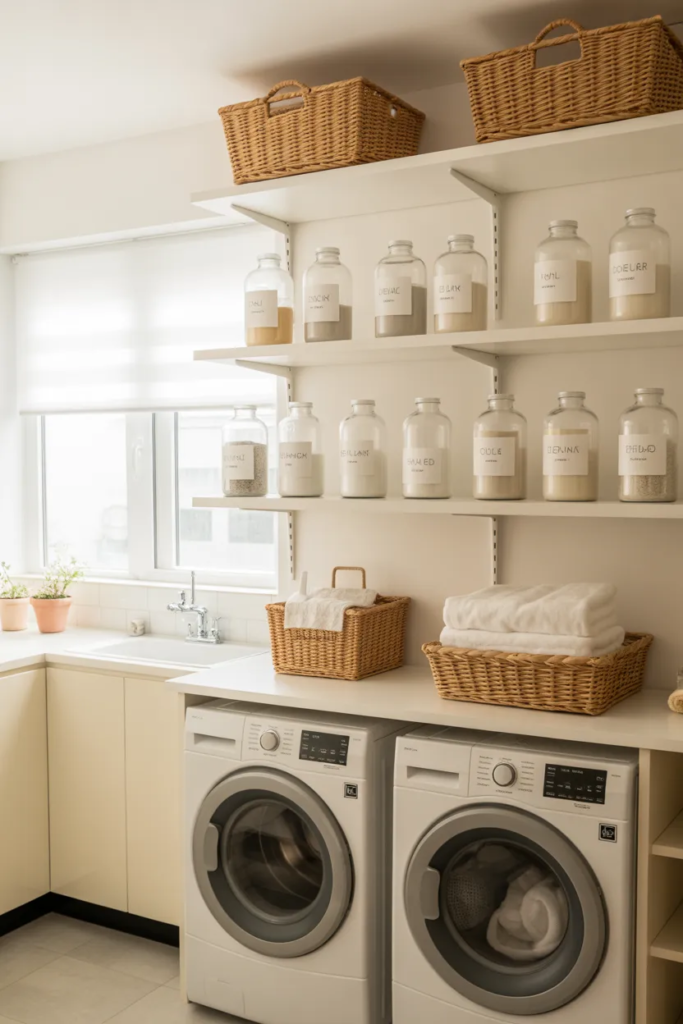 Matching Glass Jars for Detergents - Laundry Room Shelf Styling Ideas