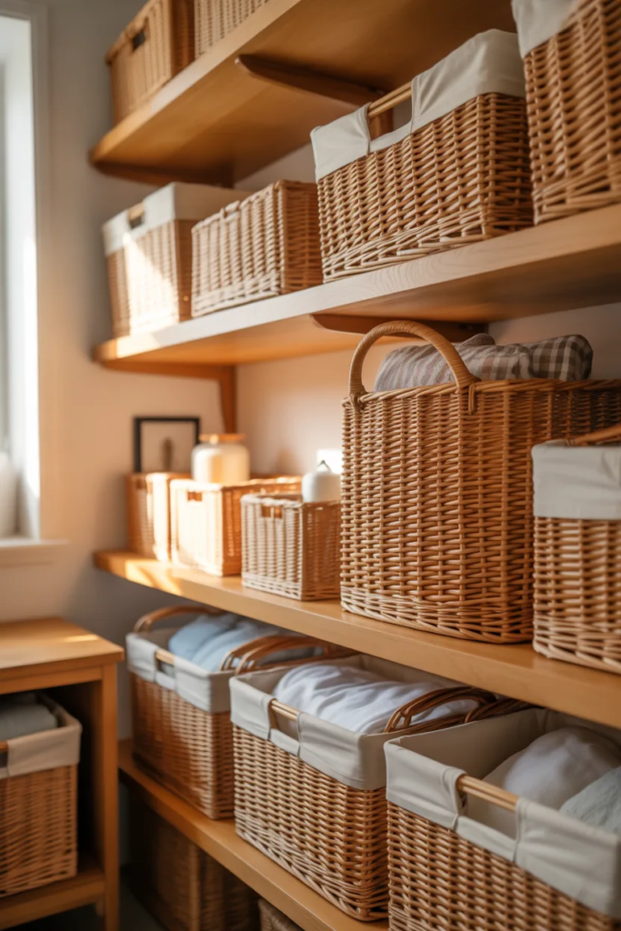 Woven Baskets for Hidden Storage - Laundry Room Shelf Styling Ideas