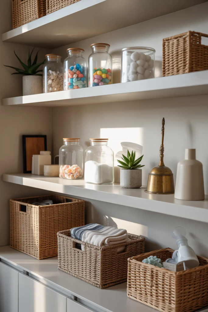 Mixing Heights and Layers - Laundry Room Shelf Styling Ideas
