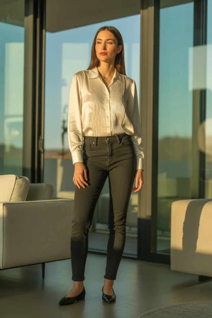 Structured Blouse with Dark Denim