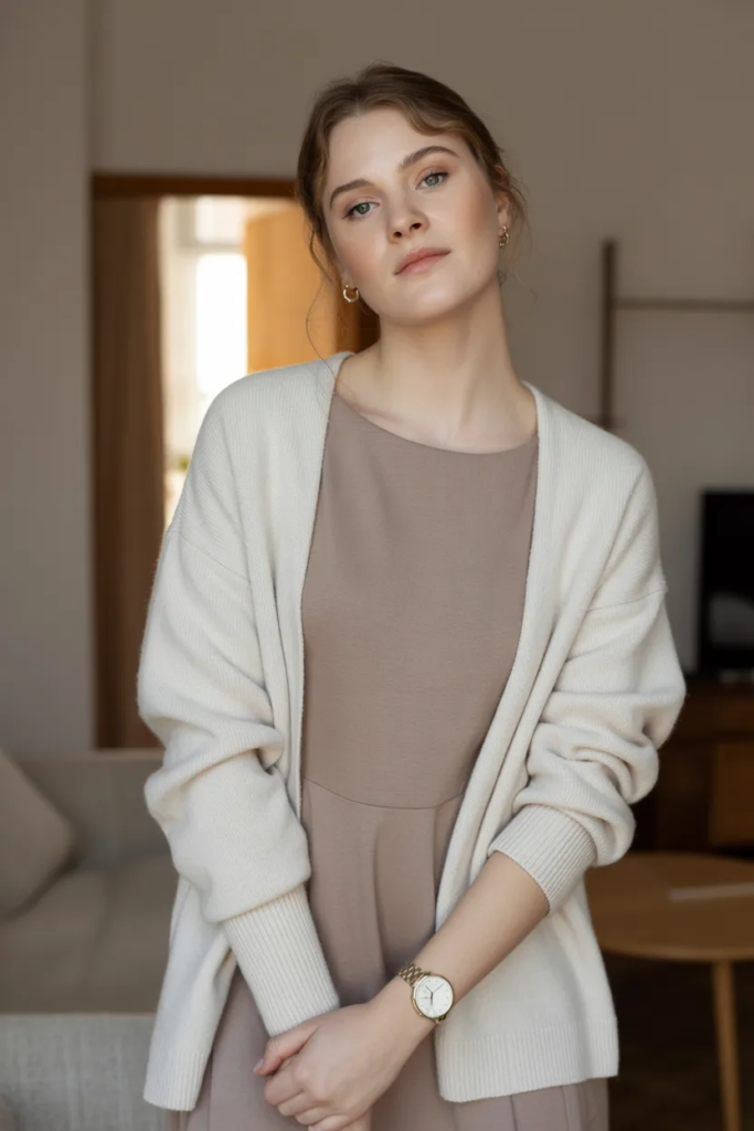 Cardigan Layer over a Shift Dress