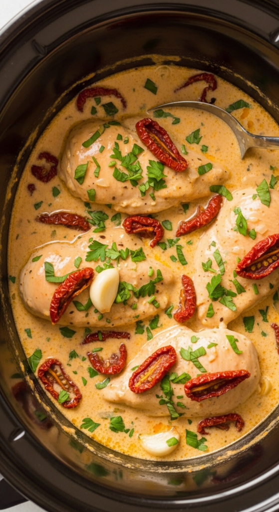 Creamy Tuscan chicken in slow cooker