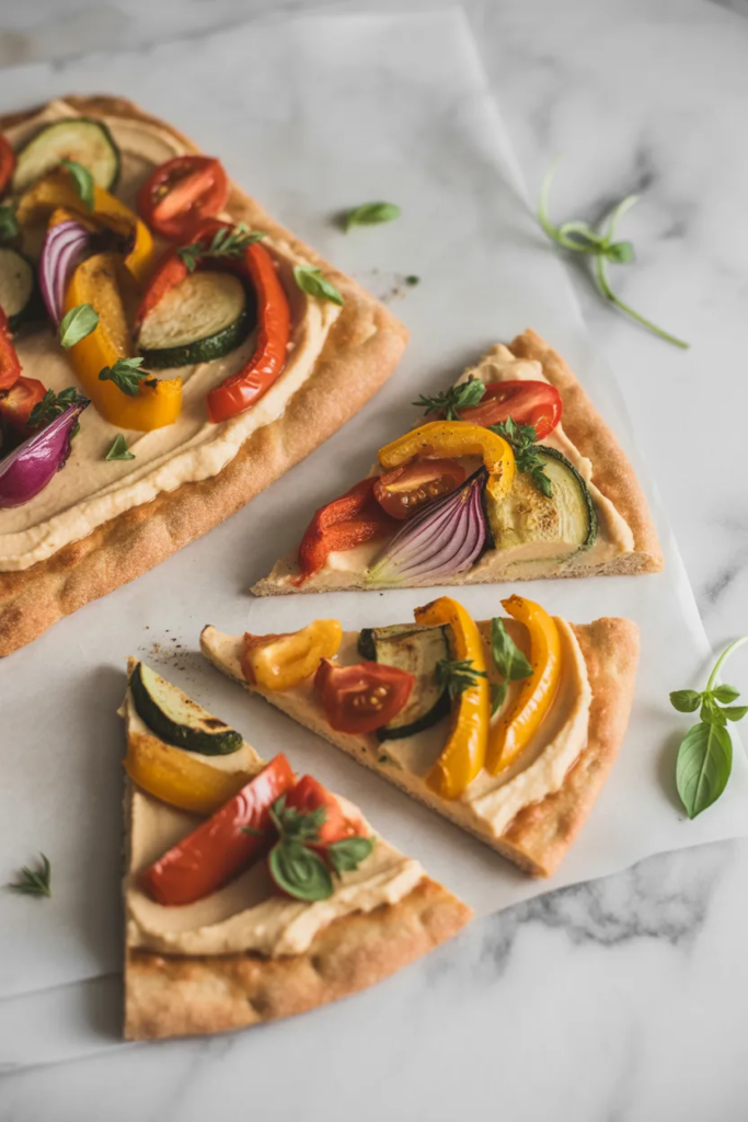 Baked Vegetable and Hummus Flatbread - Plant Based Meal Ideas