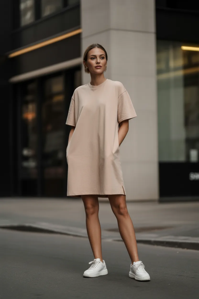 Neutral T-Shirt Dress with Minimal Sneakers