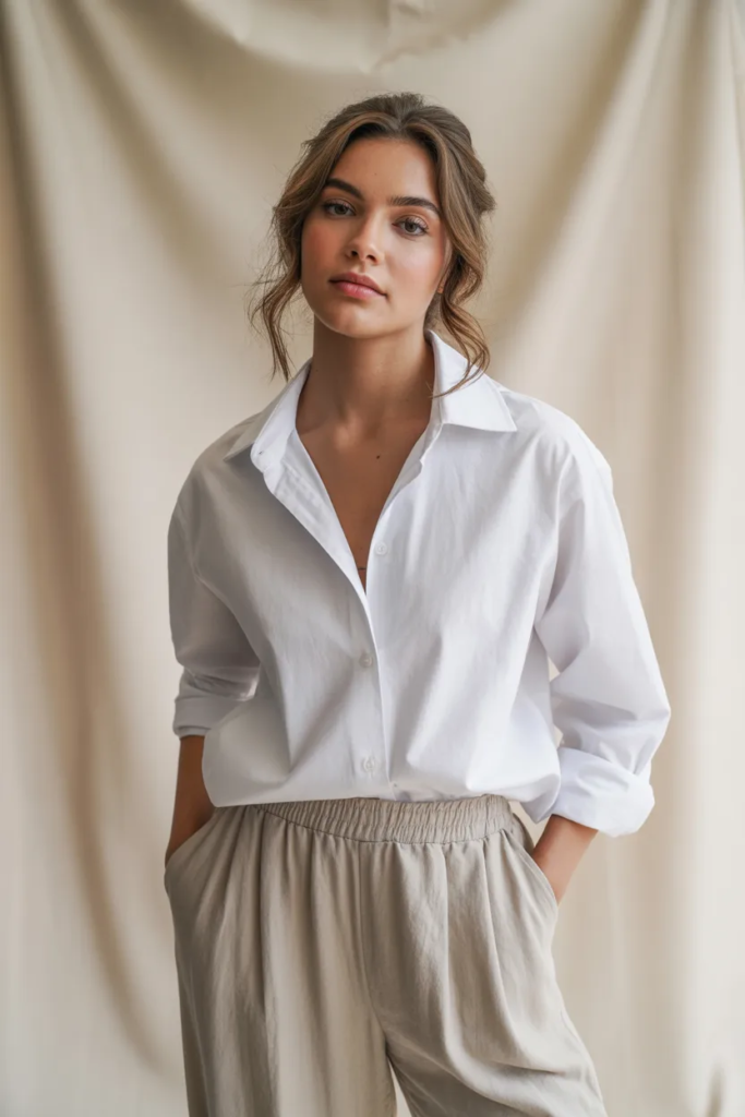 White Button-Down Shirt with Relaxed Trousers - Everyday Casual Aesthetic Outfits