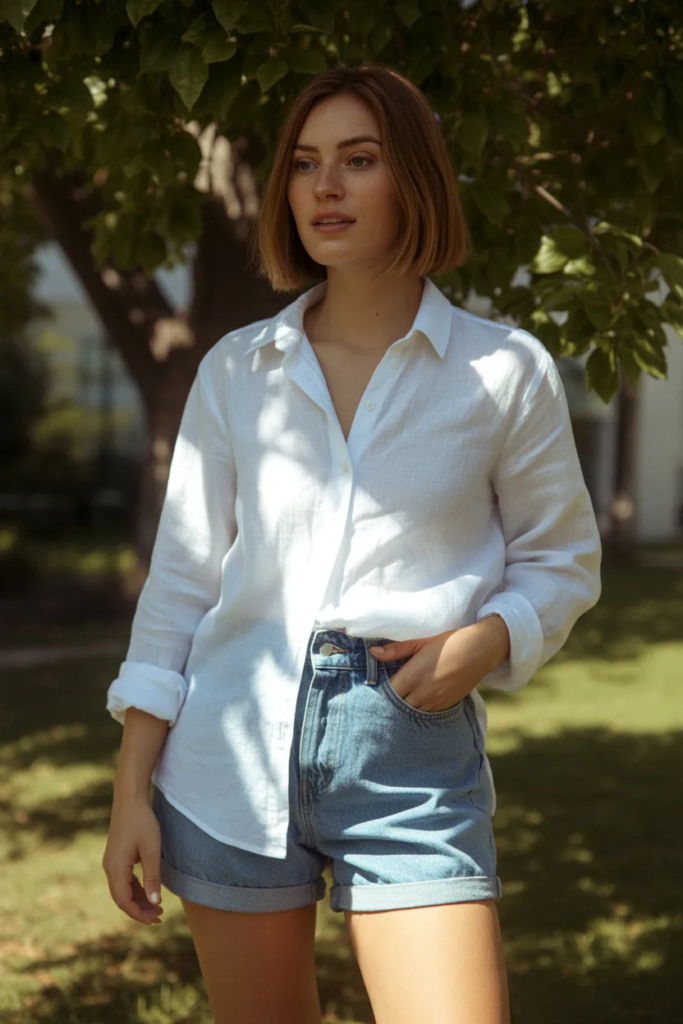 Linen Shirt with High-Waisted Shorts