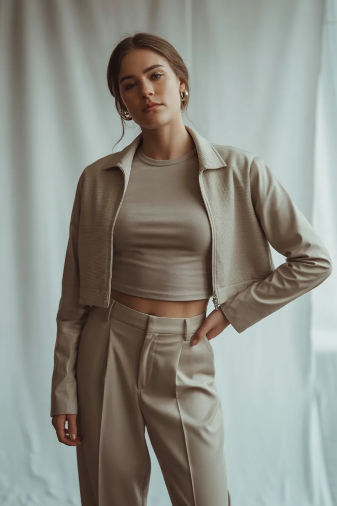 Cropped Jacket with Basic Tee and Trousers