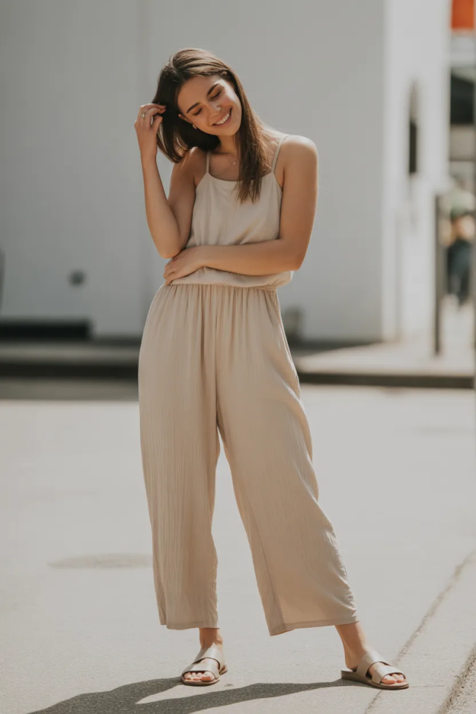 Relaxed Jumpsuit with Flat Sandals