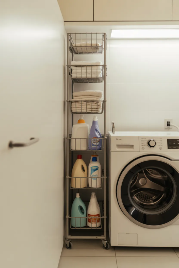 Slim Rolling Storage Cart Between Washer and Wall