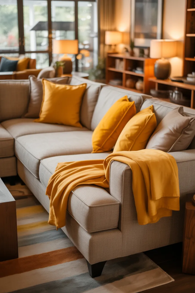 Layered Yellow Cushions and Throws