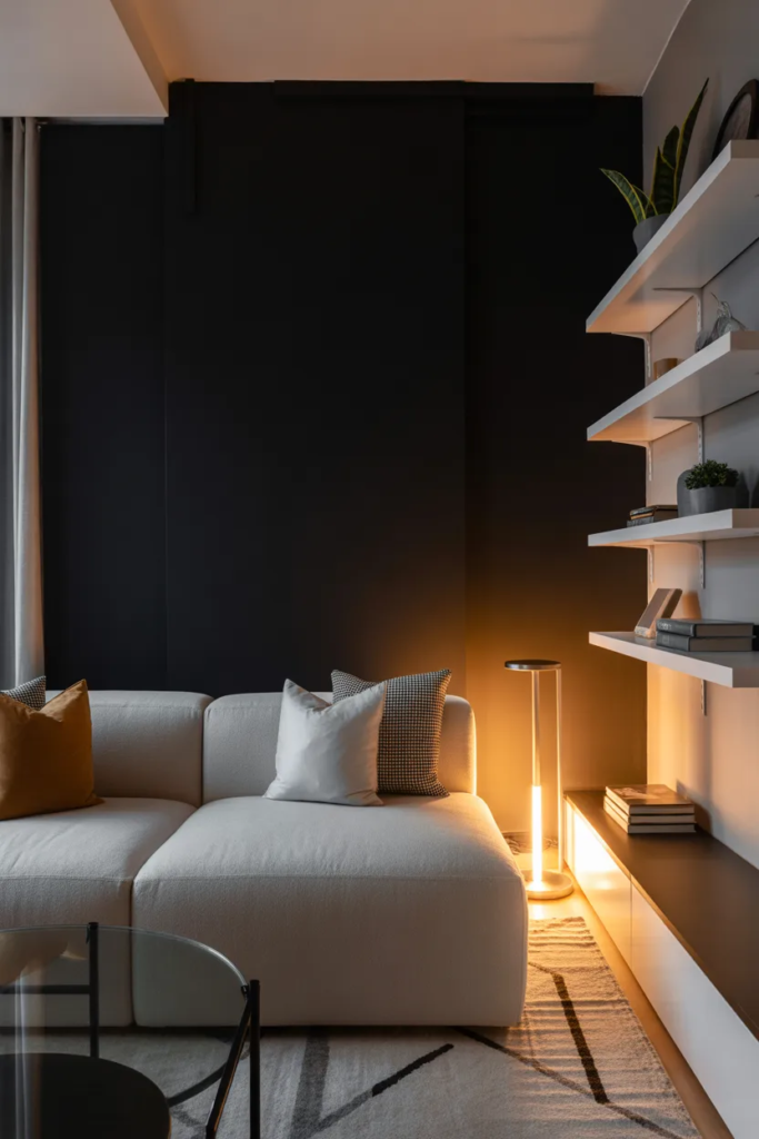 Black Accent Wall with Light Furniture - Small Black Living Room Ideas