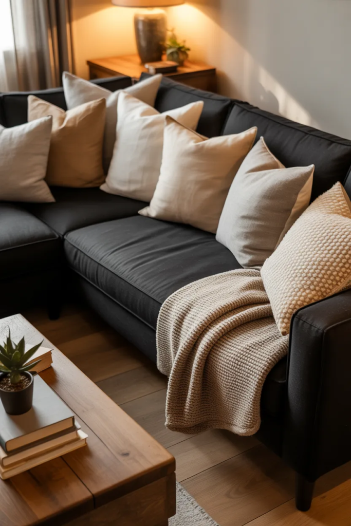 Black Sofa with Neutral Layering