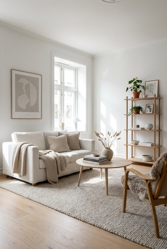 White Walls with Light Wood Accents - Small White Living Room Ideas