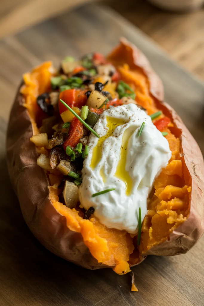 Baked Sweet Potato with Savory Toppings - Healthy Comfort Food Ideas