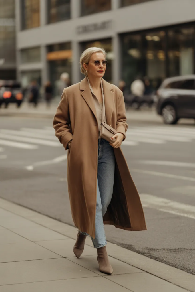 Tailored Wool Coat with Slim Jeans - Winter Outfits for Women Over 40