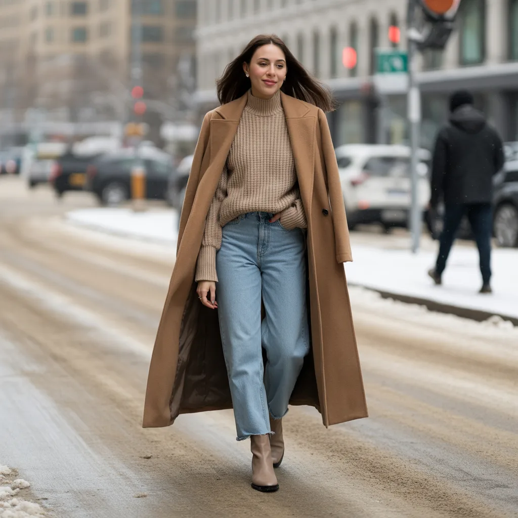Camel Coat with Straight-Leg Jeans - Winter Outfits with Jeans