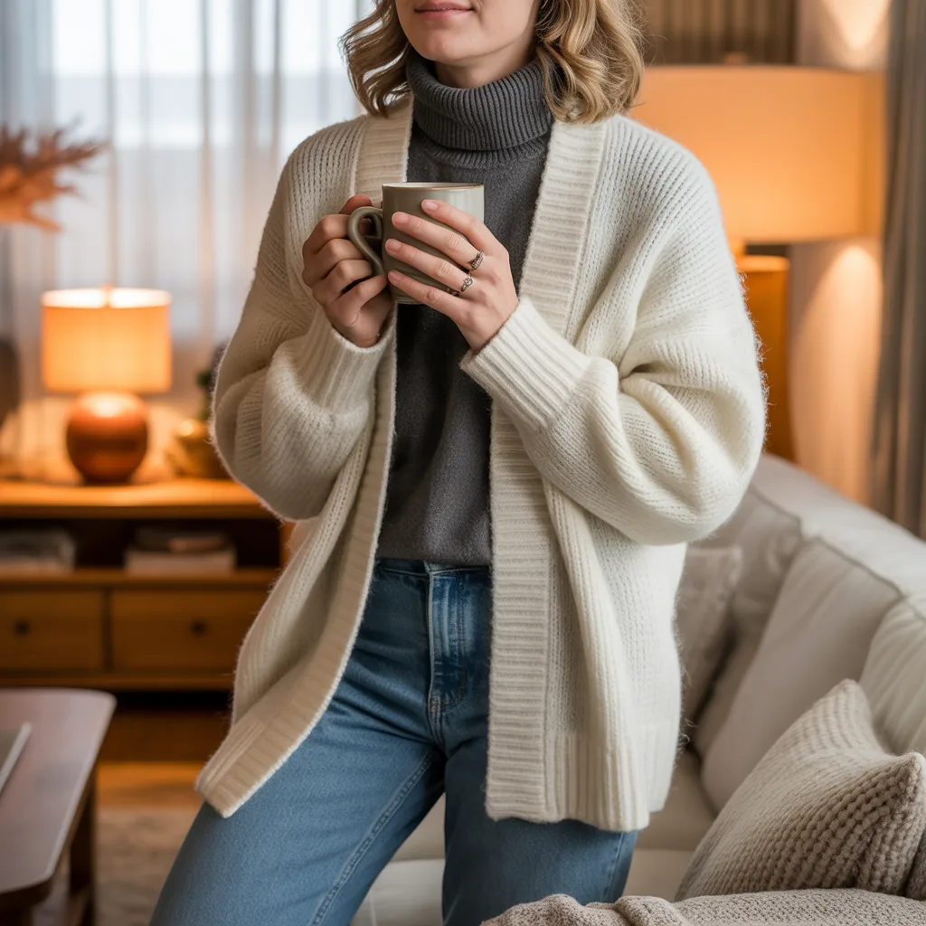 Turtleneck and Denim with Long Cardigan