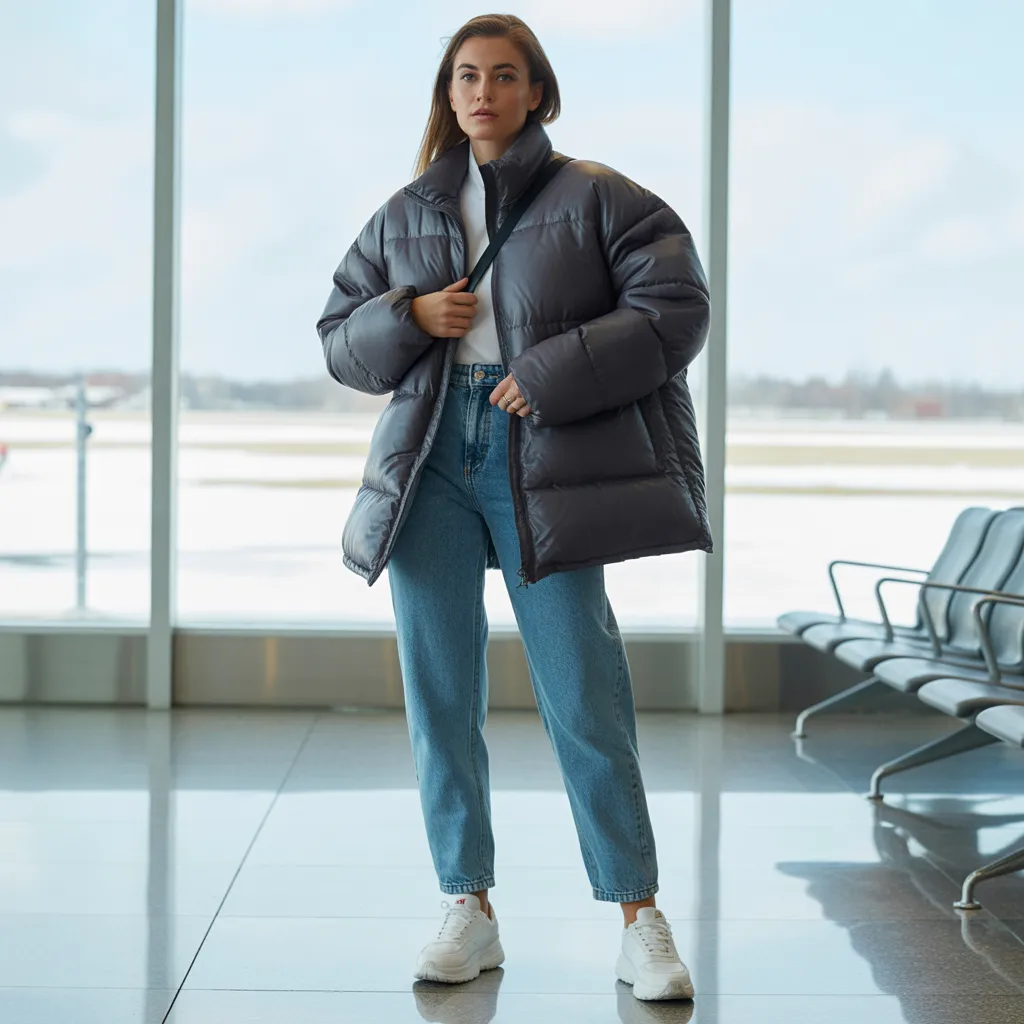 Puffer Jacket with Mom Jeans