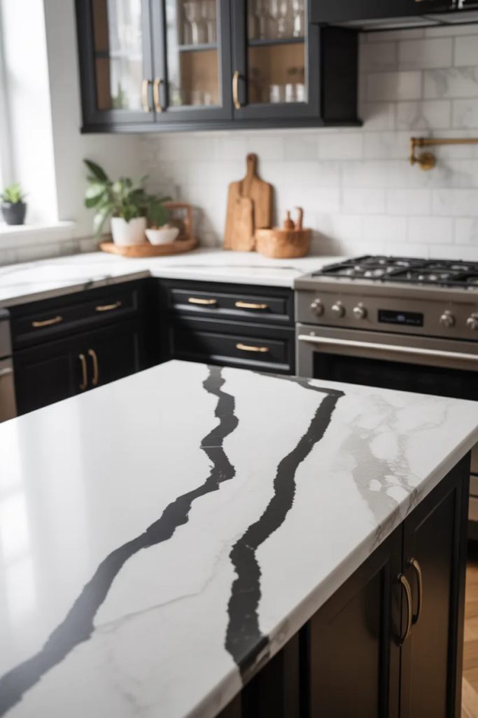Marble Countertops with Bold Veining - Black and White Kitchen Ideas