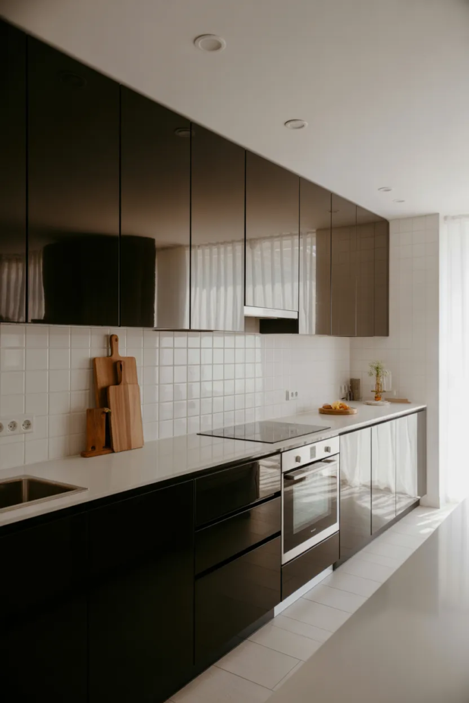 Glossy Black Cabinets with White Walls