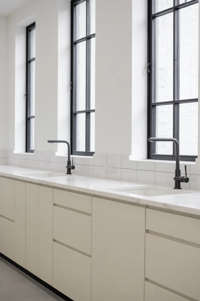 Minimalist All-White Kitchen with Black Lines - Black and White Kitchen Ideas