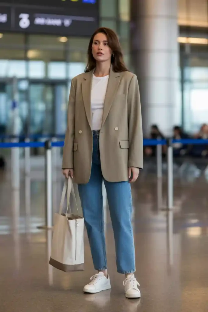 Oversized Blazer, White Tee, and Straight-Leg Jeans - Minimalist Travel Outfits Women