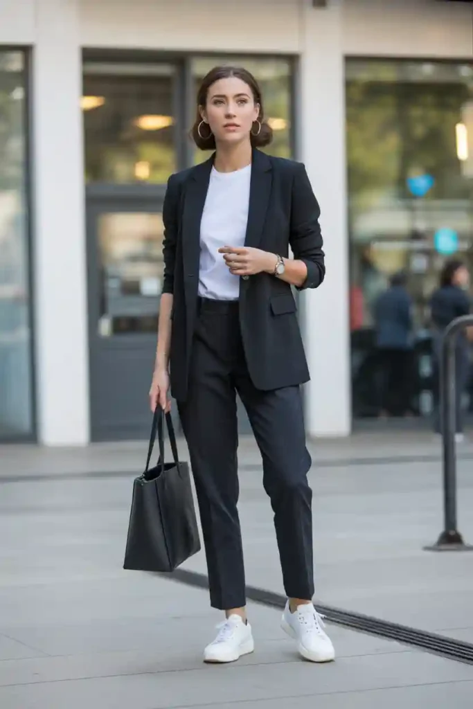 Tailored Blazer, White Tee, and Slim Trousers - Professional Outfits With Sneakers