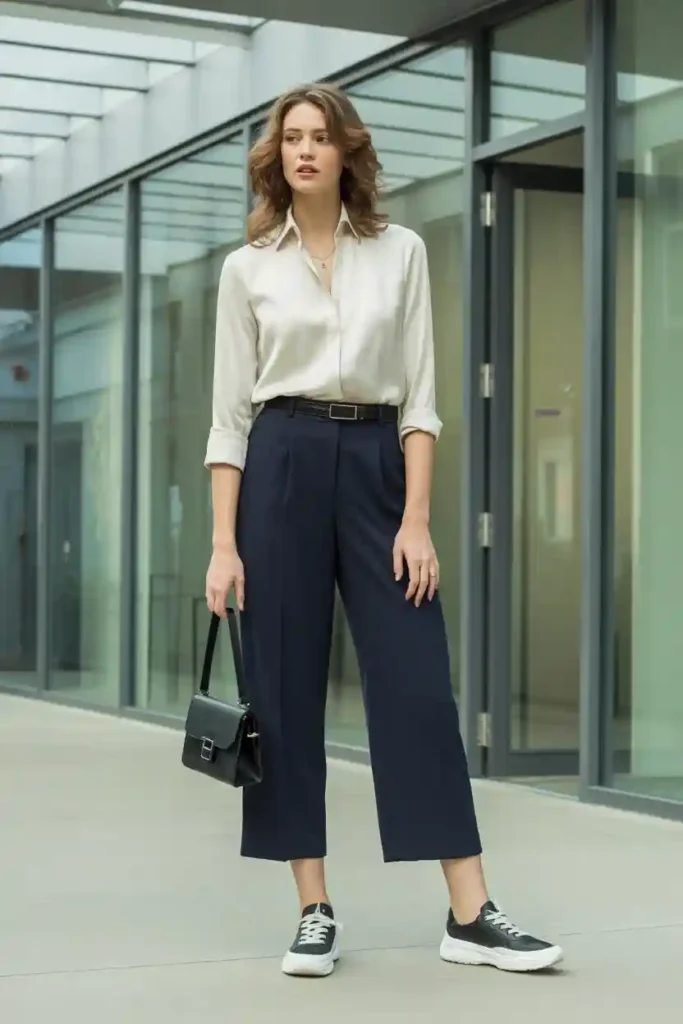 Ankle-Length Culottes and Fitted Blouse