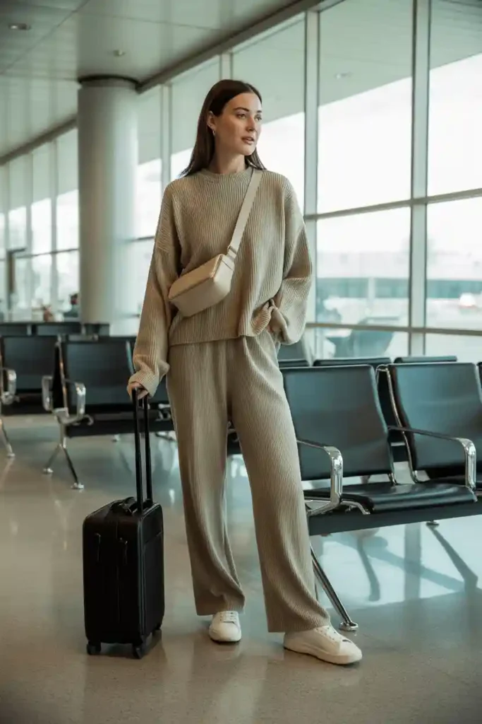 Monochrome Knit Set with White Sneakers - Minimalist Travel Outfits Women
