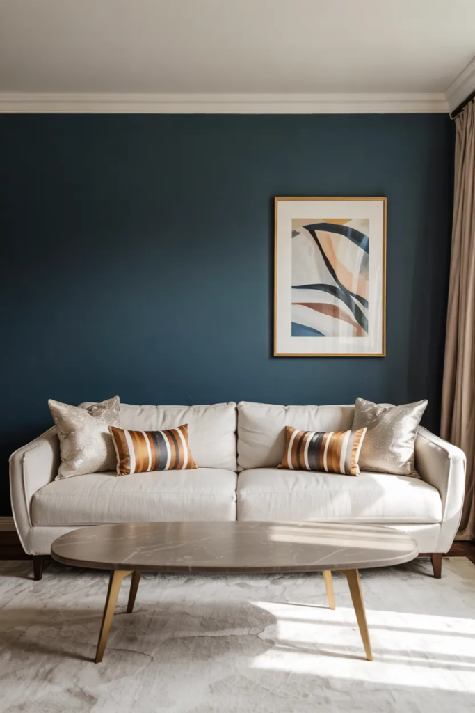 Navy Blue Accent Wall for Depth - Blue Living Room Ideas