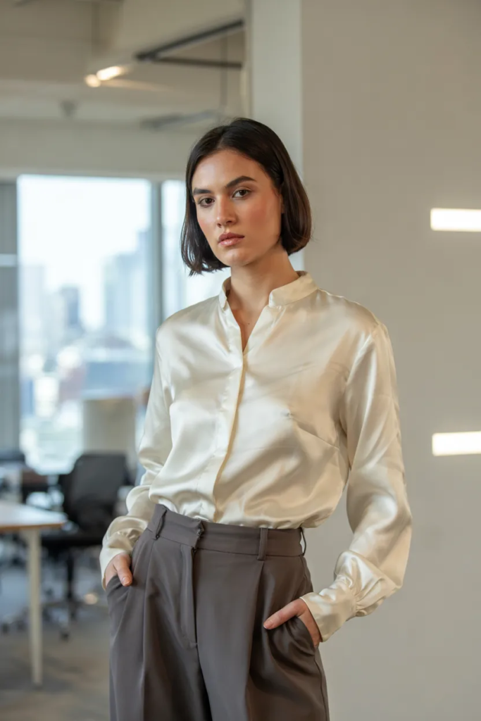 Silk Blouse with High-Waisted Pants