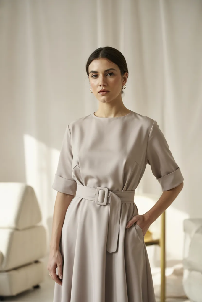 Midi Dress with Belted Waist - Polished Office Outfits