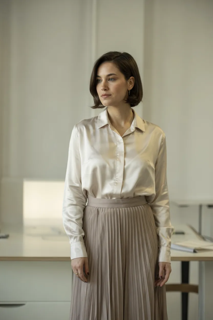 Pleated Skirt with Silk Blouse