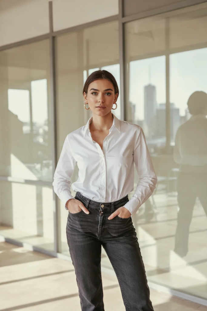 Button-Down Shirt with Straight-Leg Jeans - Polished Office Outfits
