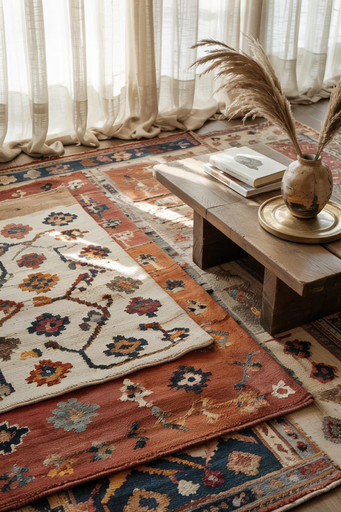 Layered Rugs for Texture and Warmth - Boho Home Decor Ideas