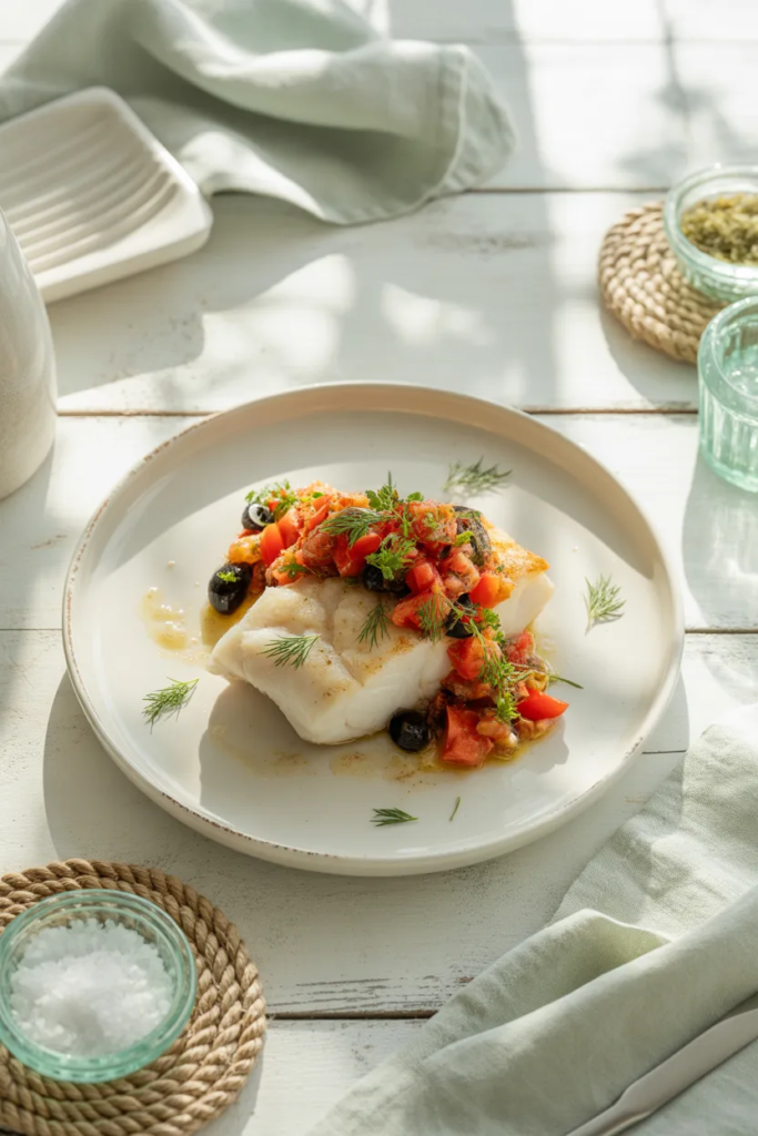 Baked Cod with Tomato Olive Relish