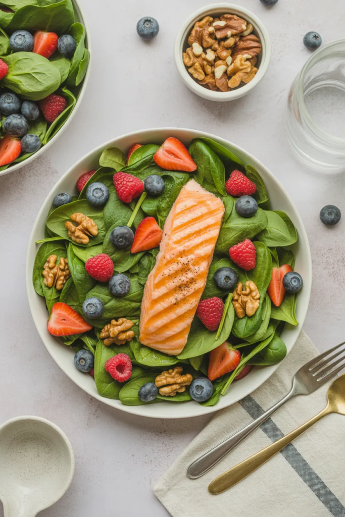 Berry Walnut Spinach Salad with Grilled Salmon
