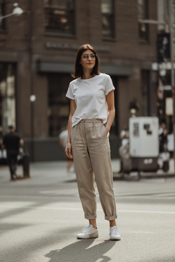 Linen Pants with a Classic White Tee - Linen Pants Outfit Ideas