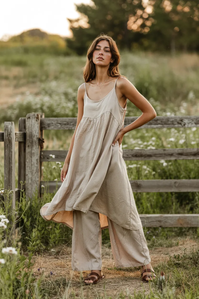 Linen Pants with Simple Sandals and Tank Dress Layer - Linen Pants Outfit Ideas