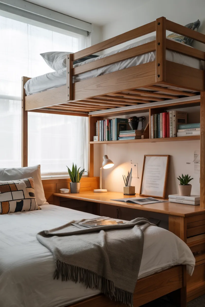 Lofted Bed with Study Area Underneath - Dorm Room Ideas