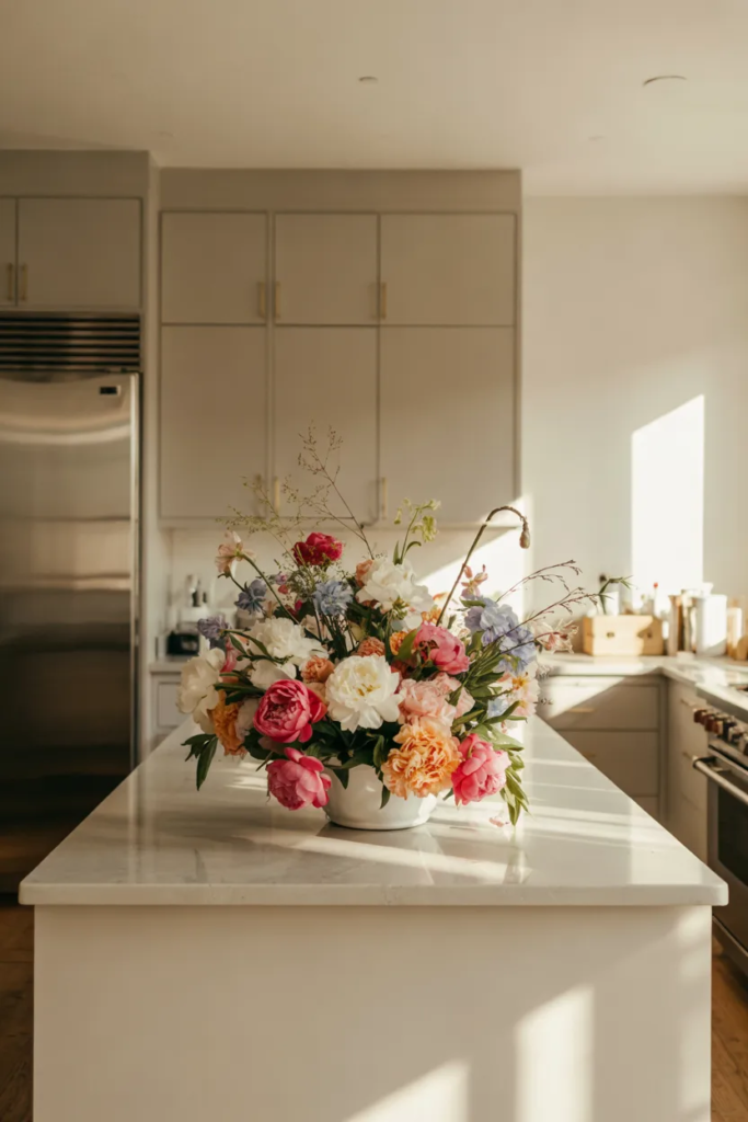 Layered Fresh Floral Arrangements - Kitchen Island Decor Ideas