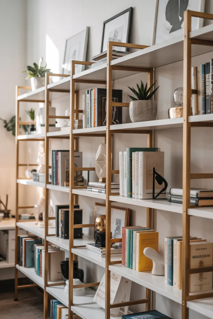 White and Gold Accent Shelf - Office Bookshelf Ideas