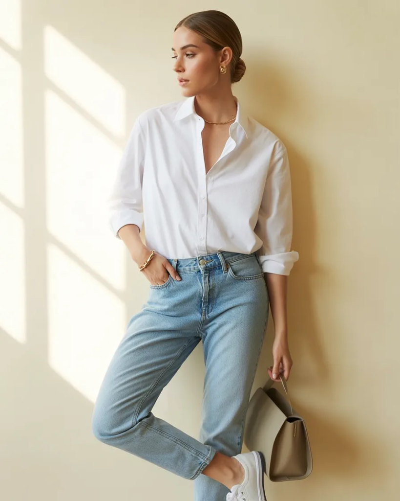 White Button-Down Shirt with Slim Jeans - Clean Girl Outfit Aesthetic