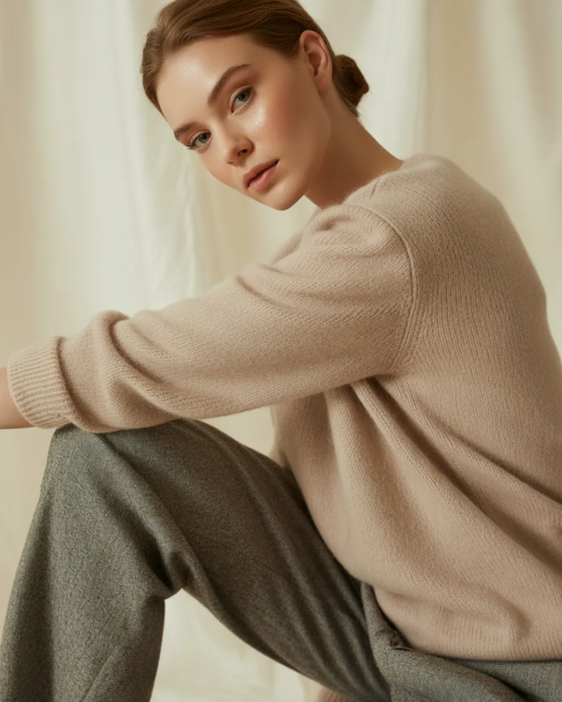 Neutral Knit Sweater with Tailored Trousers - Clean Girl Outfit Aesthetic