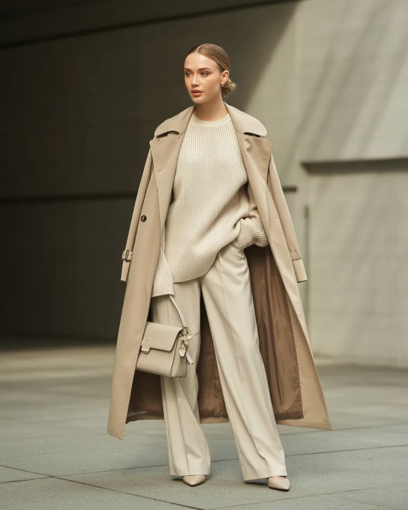 Beige Trench Coat over Monochrome Outfit