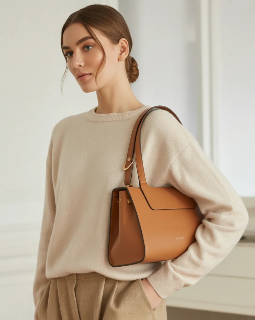 Structured Leather Bag with Neutral Outfit