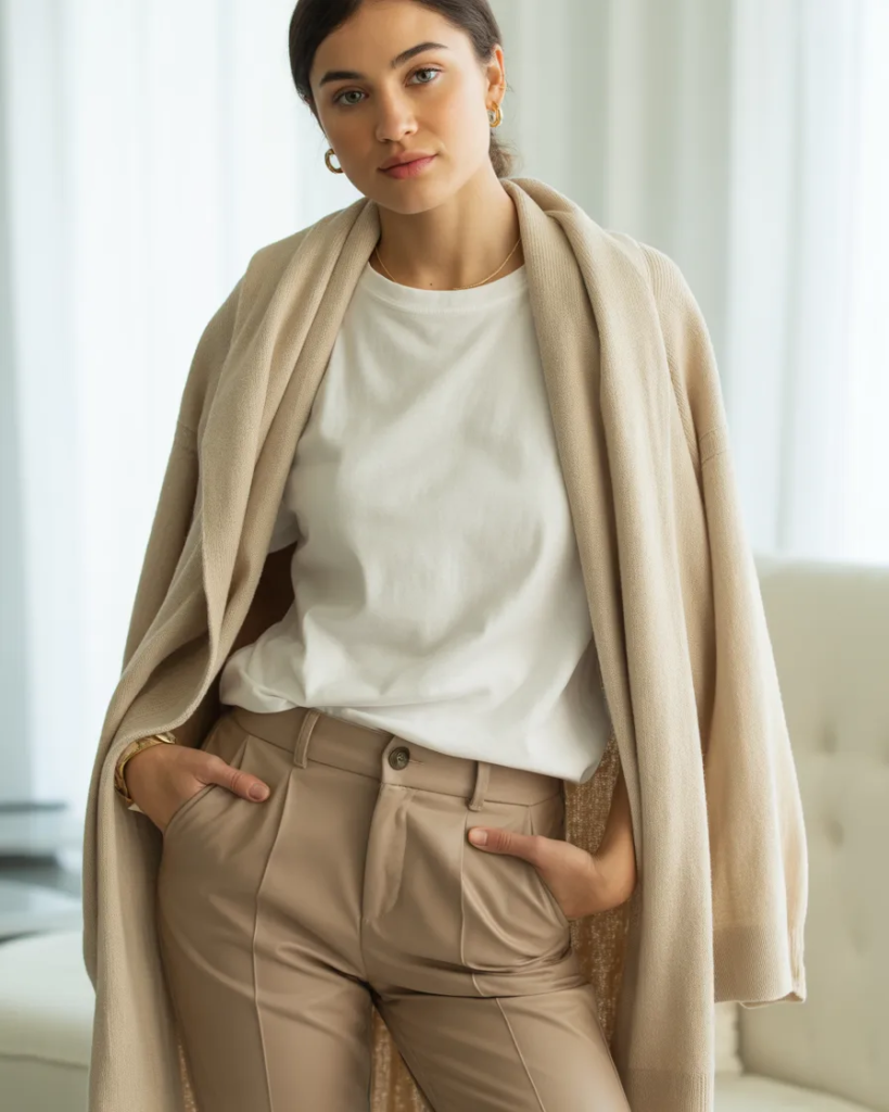Lightweight Cardigan over Slim Pants - Clean Girl Outfit Aesthetic