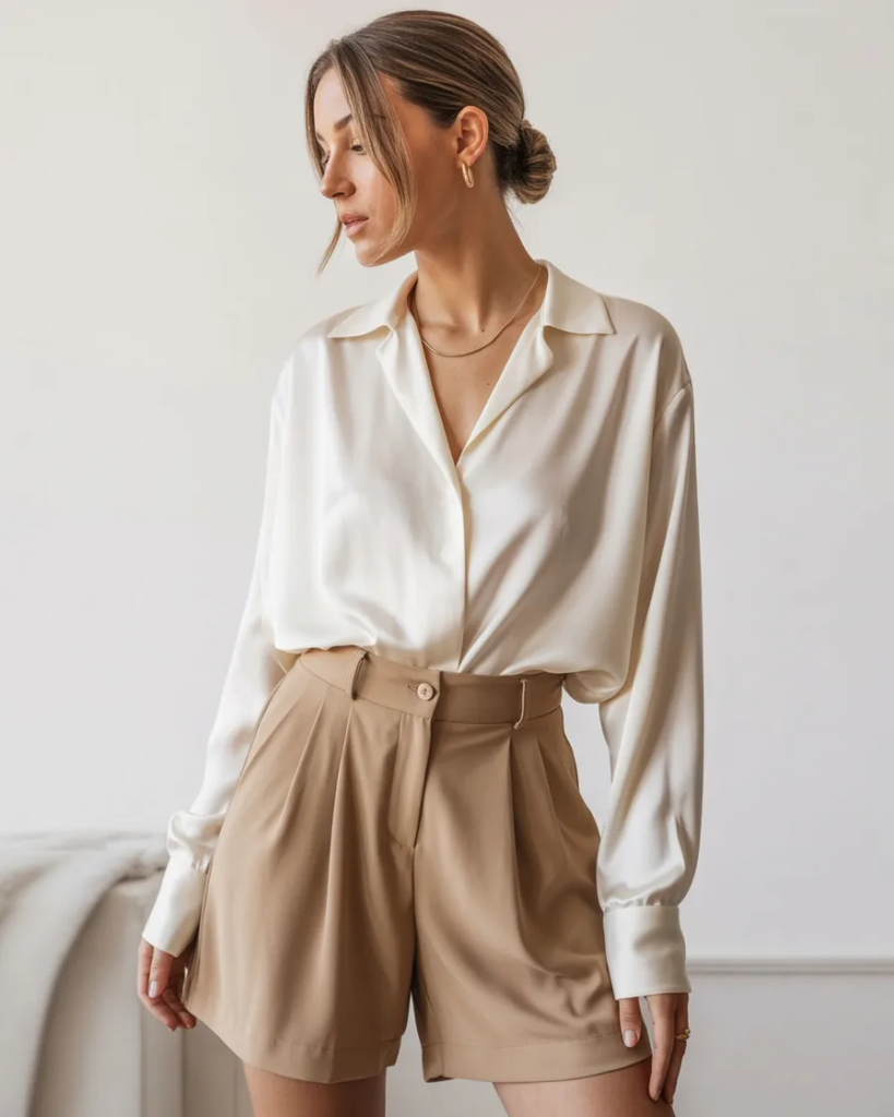 Silk Blouse with Tailored Shorts